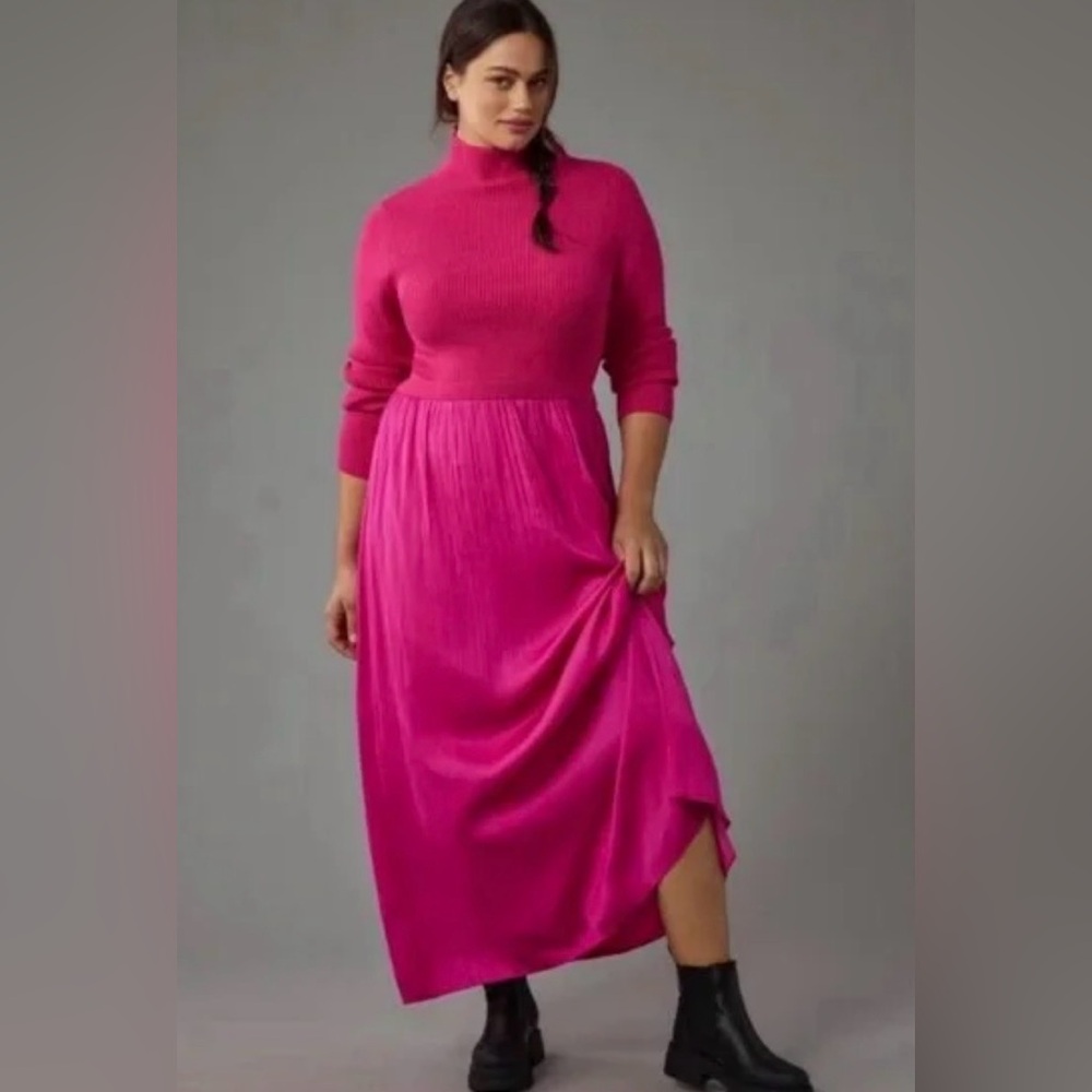 Anthropologie Thea Sweater Midi Dress Pink Mock Neck NWT Size L